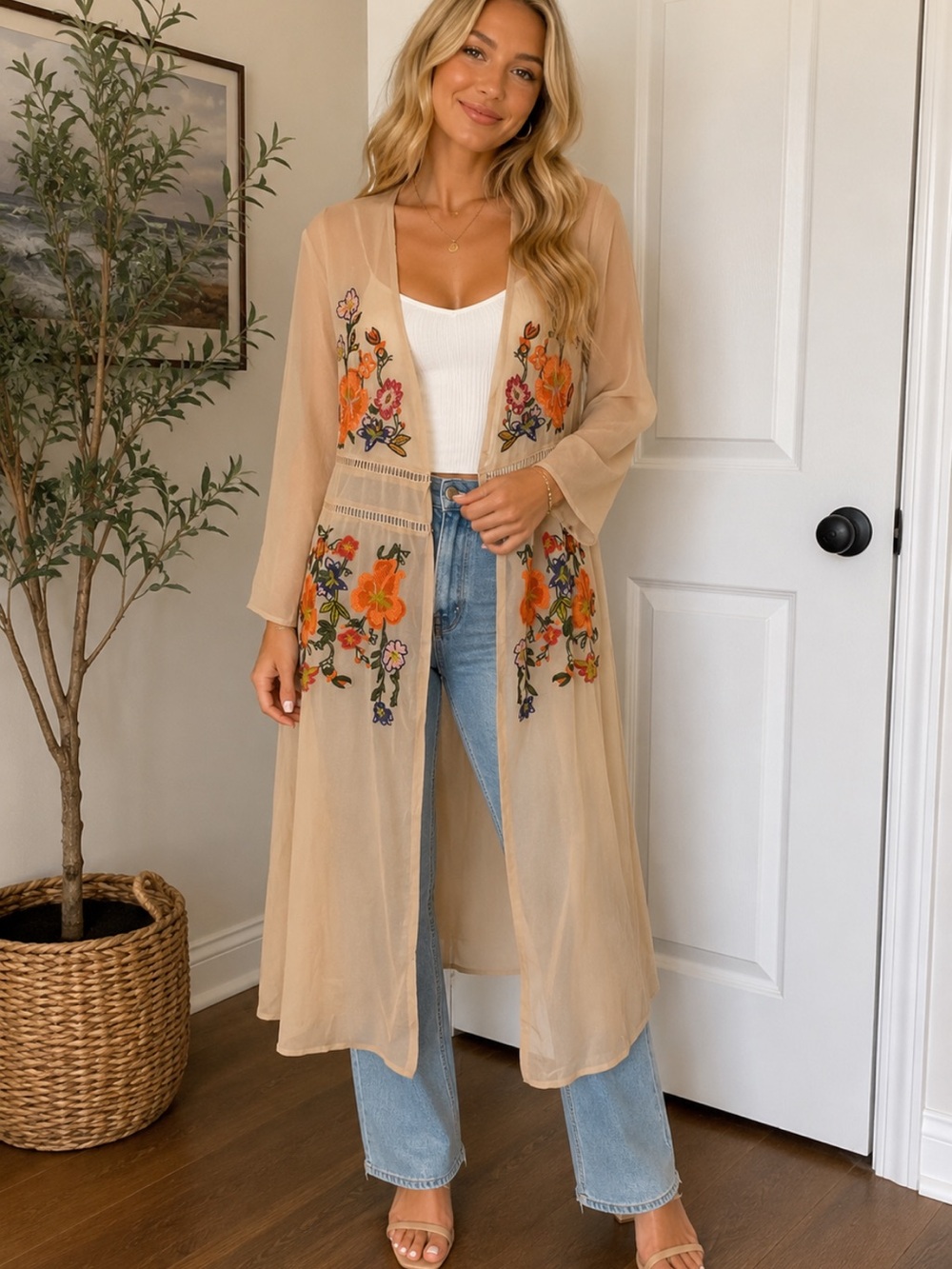 Beige Sheer Duster with Vibrant Floral Embroidery by Miss Selfridge Size 2